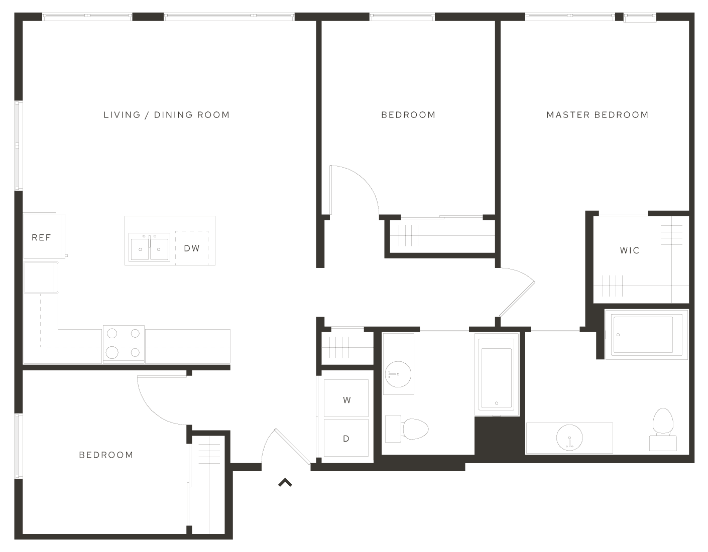 3-bedroom apartment floor plan with spacious living room and walk in closets at luxury apartment community Avia in Salt Lake City