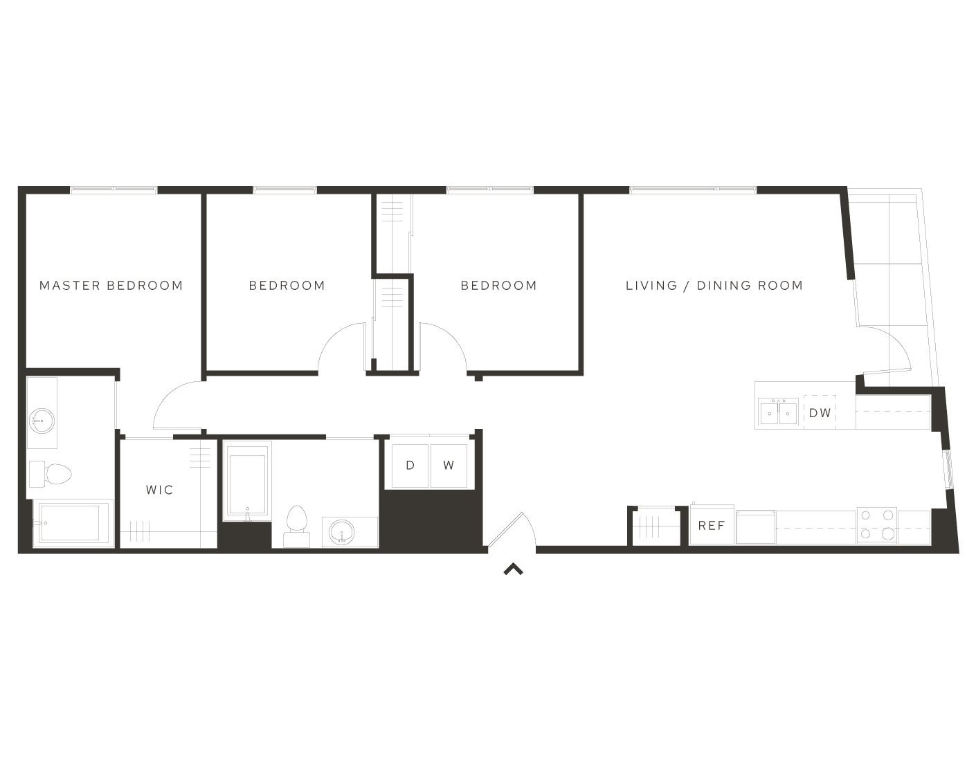 Penthouse apartment floor plan at Salt Lake City's Avia community featuring large living/dining room.