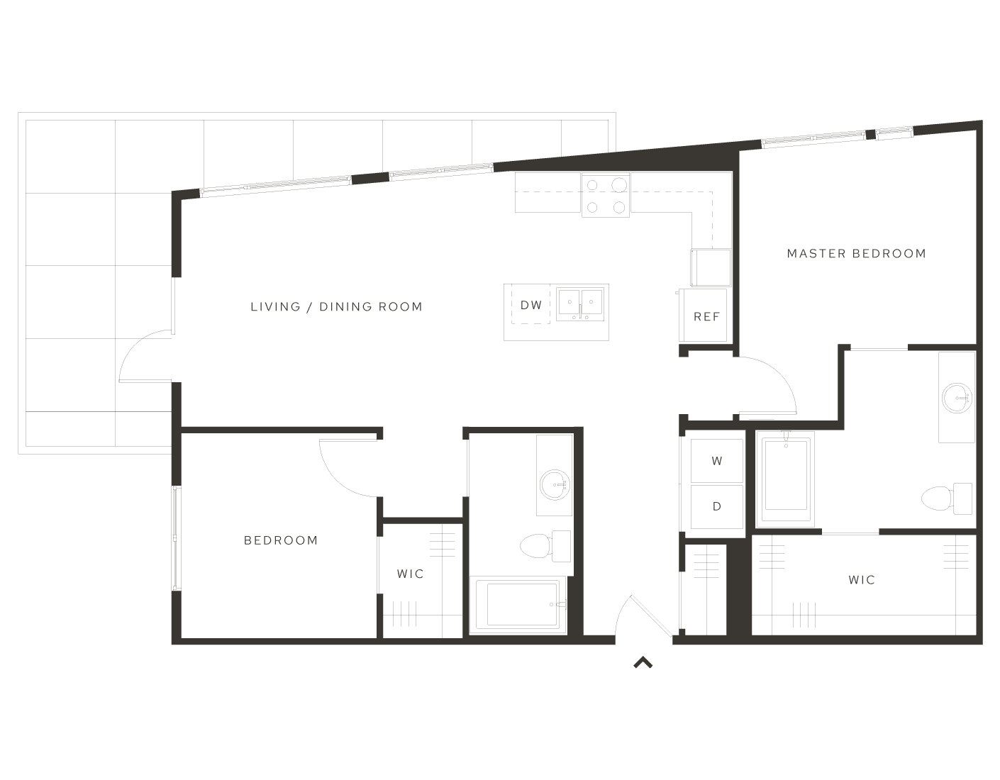 2-bedroom apartment floor plan with large master suite and walk in closets at Salt Lake City's luxury community, Avia.