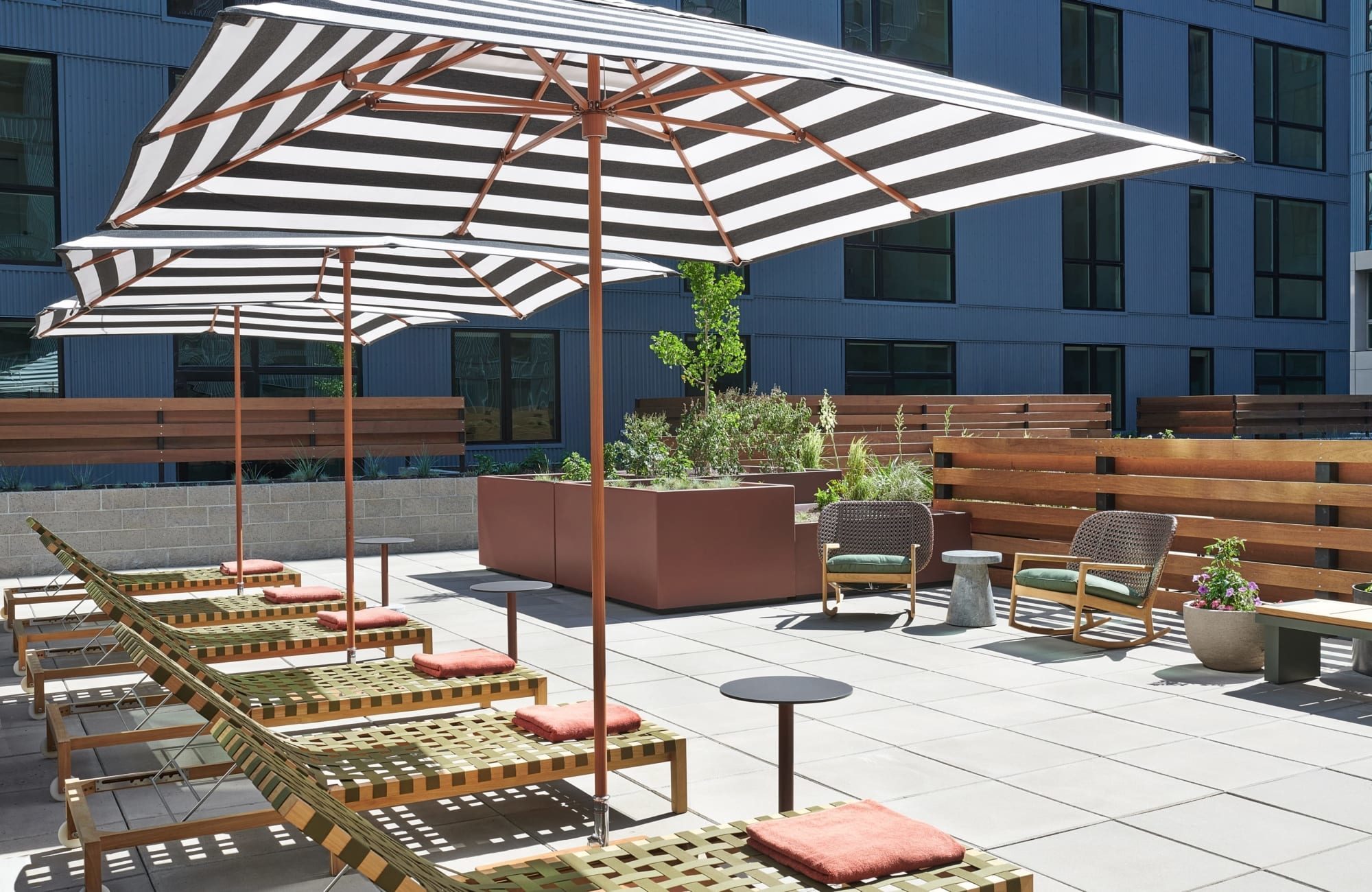 Lounge, patio seating with shade umbrellas